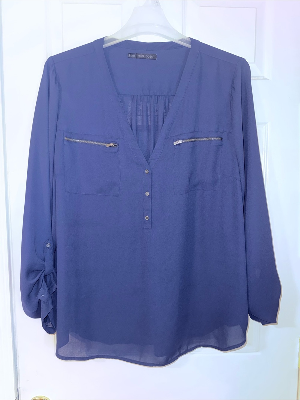 Maurices Navy V-Neck Button-Front Blouse with Zip Pockets